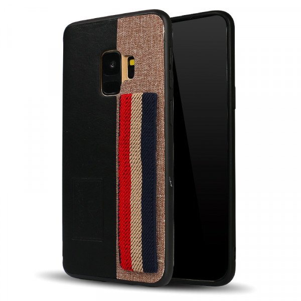 Wholesale Galaxy S9 Striped Hand Strap Grip Holder PU Leather Case (Black)